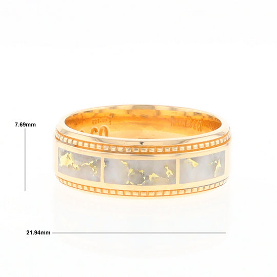 Gold Quartz Ring 3 Section Rectangle Inlaid Milgrain Border Band