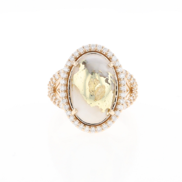 Gold Quartz Ring Oval Cabochon 0.65ctw Round Diamonds Halo