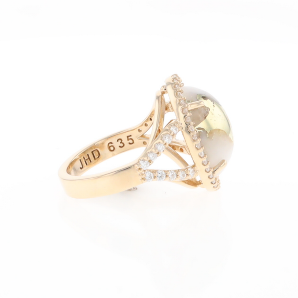 Gold Quartz Ring Oval Cabochon 0.65ctw Round Diamonds Halo