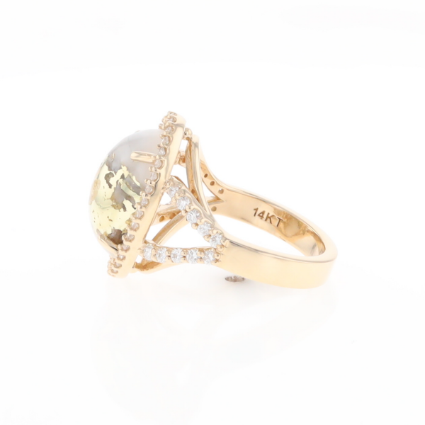 Gold Quartz Ring Oval Cabochon 0.65ctw Round Diamonds Halo
