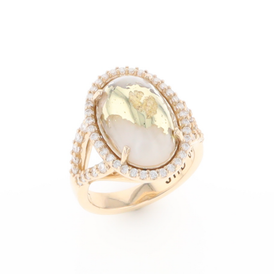 Gold Quartz Ring Oval Cabochon 0.65ctw Round Diamonds Halo