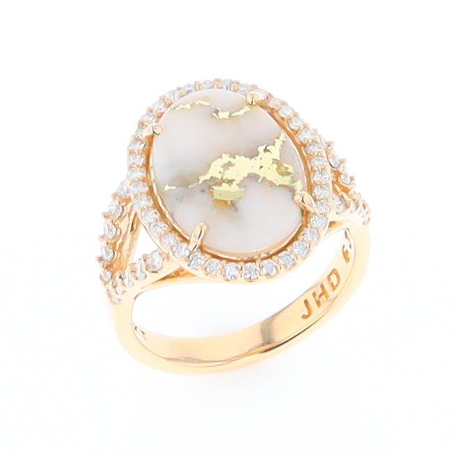 Gold Quartz Ring Oval Cabochon .65ctw Round Diamonds Halo