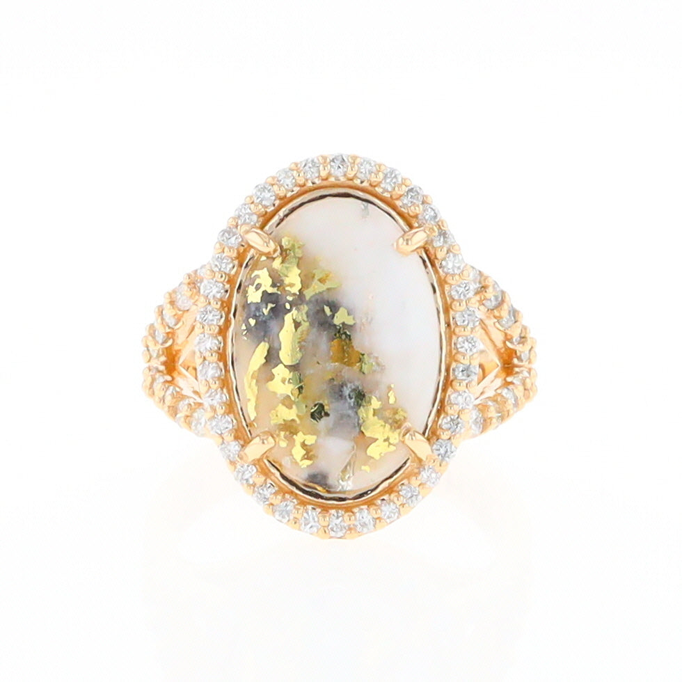 Gold Quartz Ring Oval Cabochon 0.65ctw Round Diamonds Halo (G2)