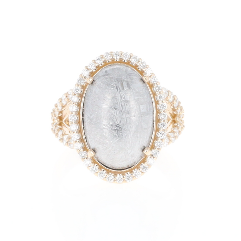 Meteorite Ring Oval Cabochon 0.65ctw Round Diamonds Halo