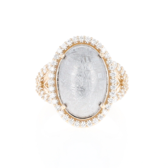 Meteorite Ring Oval Cabochon 0.65ctw Round Diamonds Halo