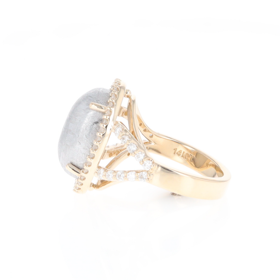 Meteorite Ring Oval Cabochon 0.65ctw Round Diamonds Halo