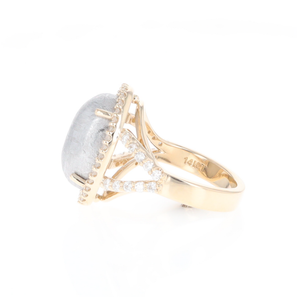 Meteorite Ring Oval Cabochon 0.65ctw Round Diamonds Halo