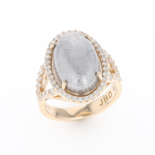 Meteorite Ring Oval Cabochon 0.65ctw Round Diamonds Halo