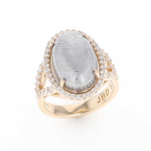 Meteorite Ring Oval Cabochon 0.65ctw Round Diamonds Halo