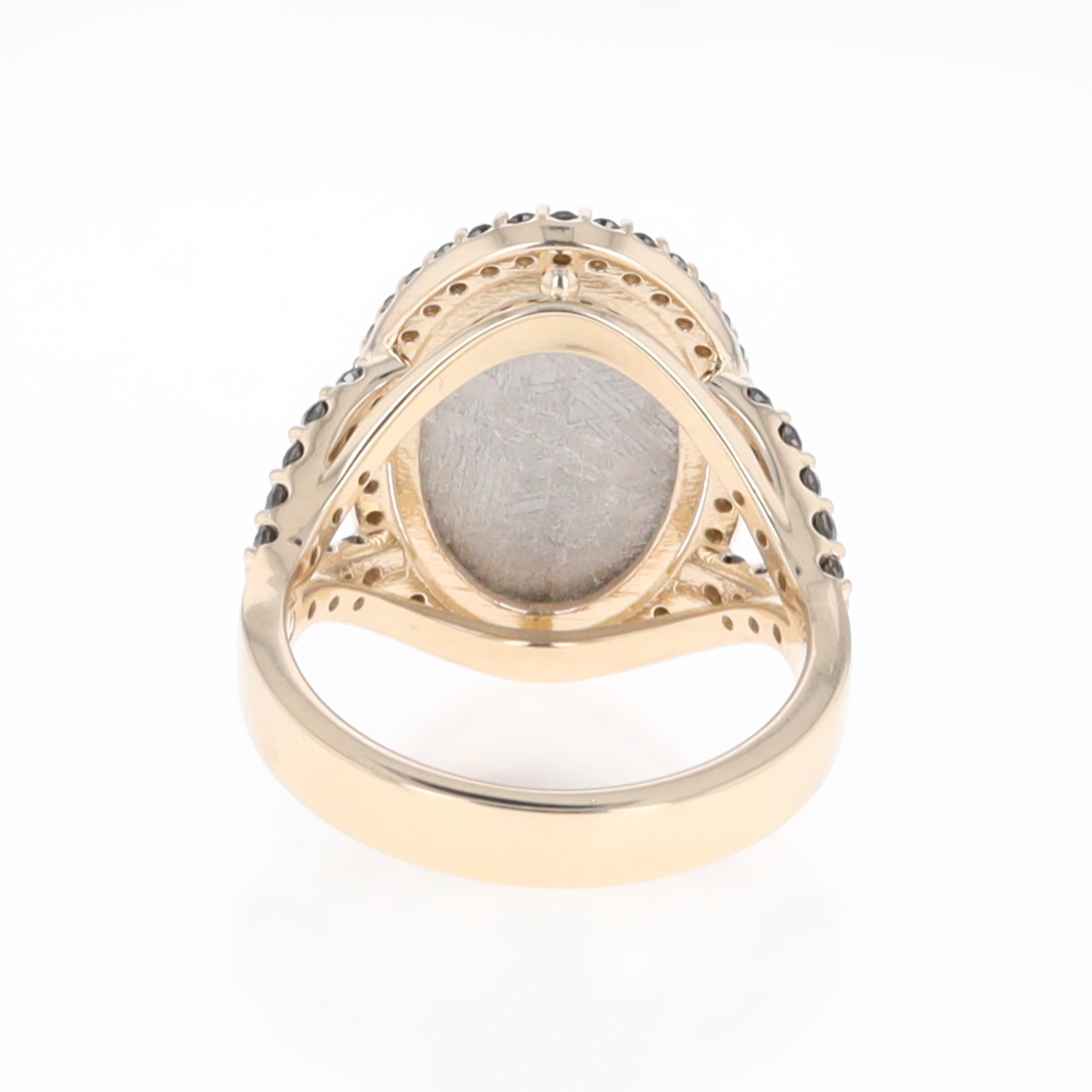 Meteorite Ring Oval Cabochon 0.65ctw Round Black Diamonds Halo