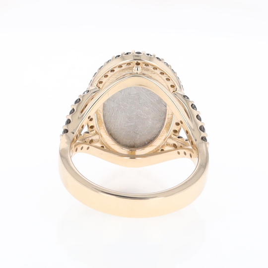 Meteorite Ring Oval Cabochon 0.65ctw Round Black Diamonds Halo