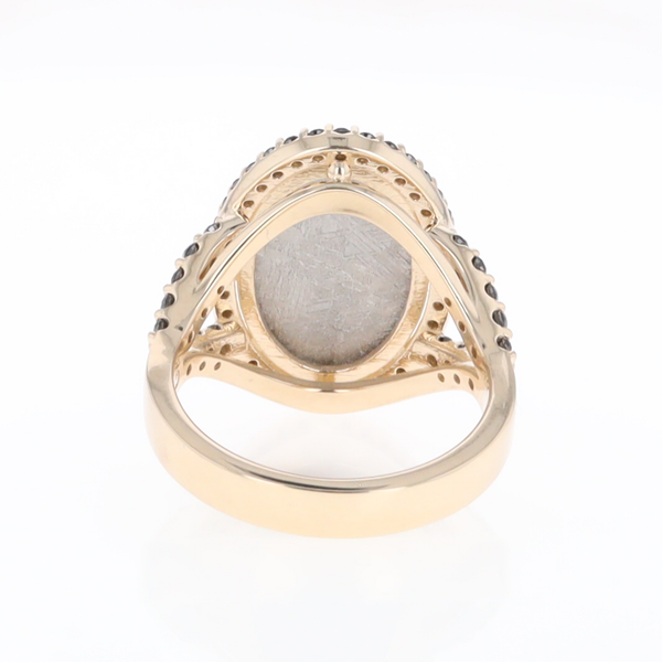 Meteorite Ring Oval Cabochon 0.65ctw Round Black Diamonds Halo