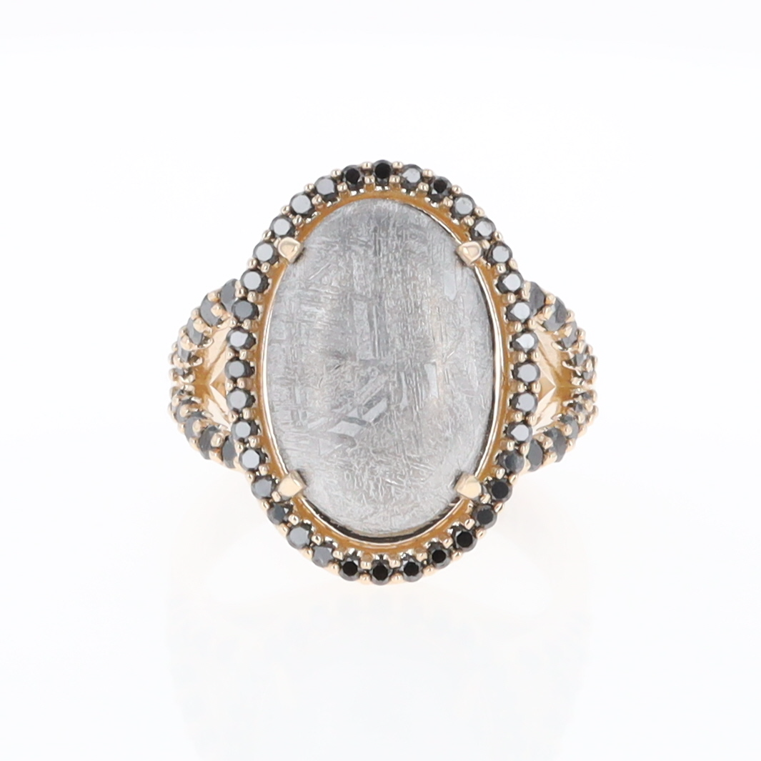 Meteorite Ring Oval Cabochon 0.65ctw Round Black Diamonds Halo