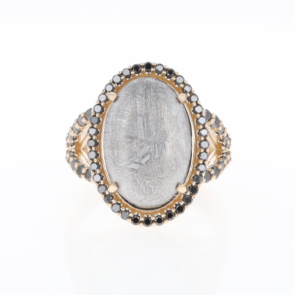 Meteorite Ring Oval Cabochon 0.65ctw Round Black Diamonds Halo