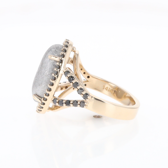 Meteorite Ring Oval Cabochon 0.65ctw Round Black Diamonds Halo