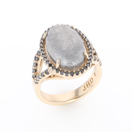 Meteorite Ring Oval Cabochon 0.65ctw Round Black Diamonds Halo