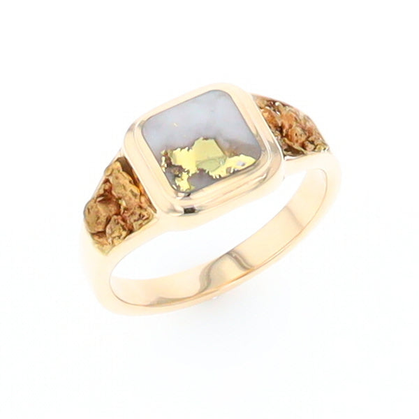 Gold Quartz Ring Square Inlaid Design Double Natural Nugget Sides