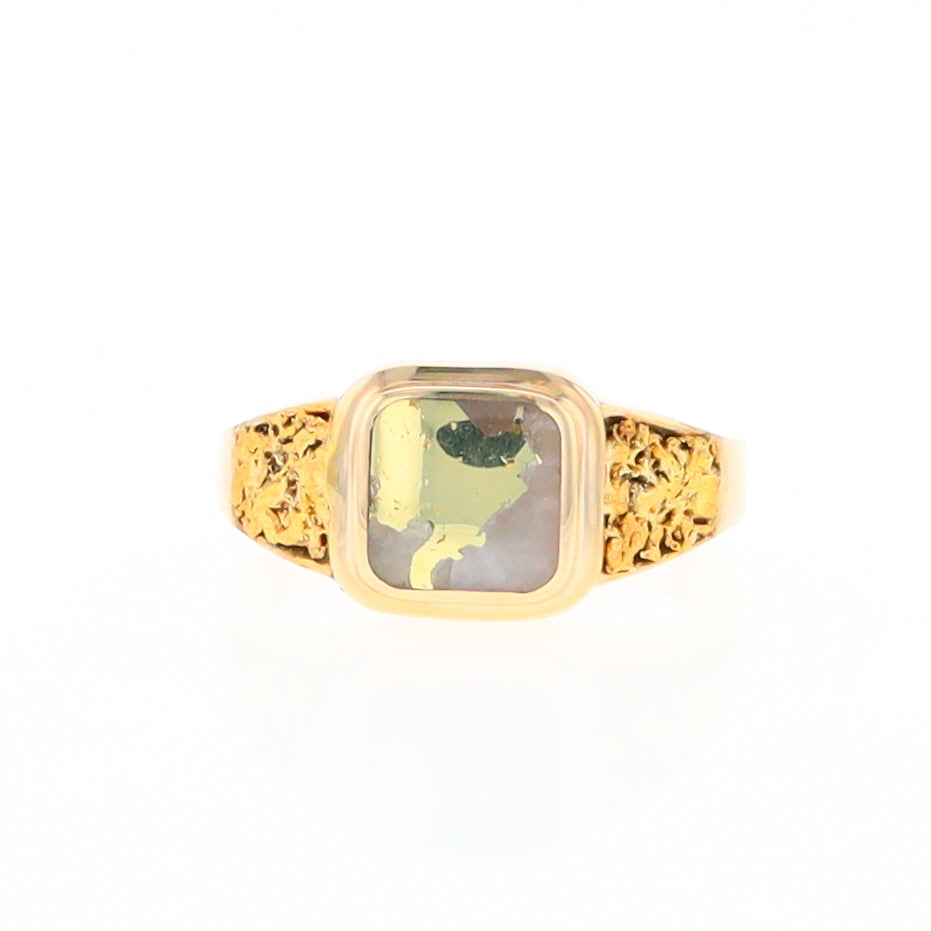 Gold Quartz Ring Square Inlaid Design Double Natural Nugget Sides