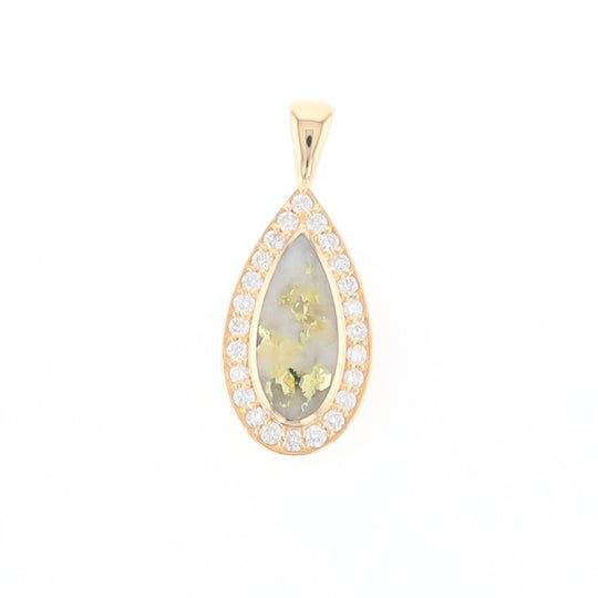 Gold Quartz Pendant Tear Drop Inlaid .42ctw Diamond Halo Design