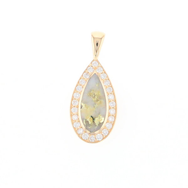 Gold Quartz Pendant Tear Drop Inlaid .42ctw Diamond Halo Design