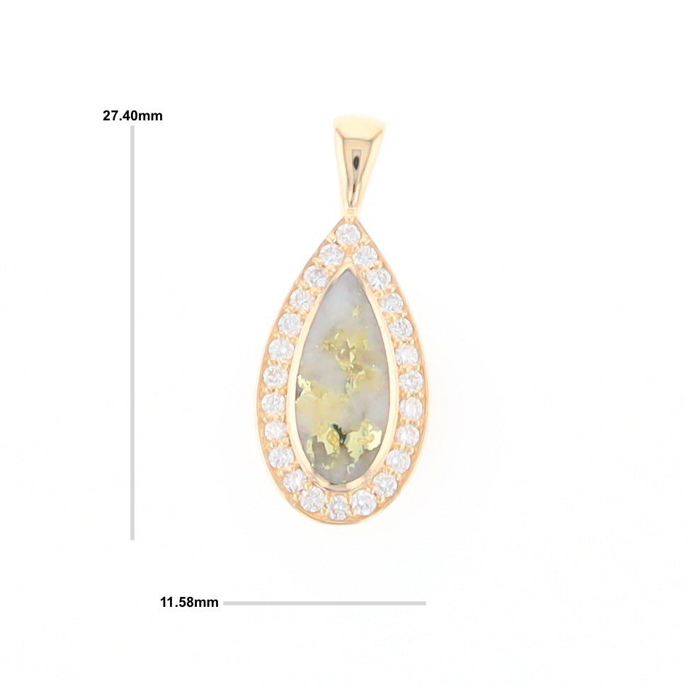 Gold Quartz Pendant Tear Drop Inlaid .42ctw Diamond Halo Design