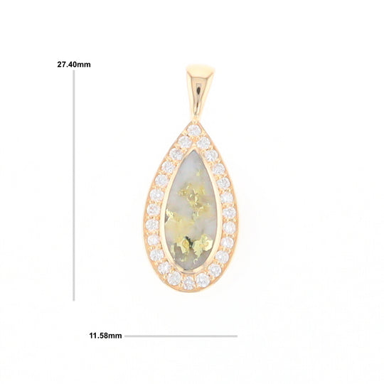 Gold Quartz Pendant Tear Drop Inlaid .42ctw Diamond Halo Design