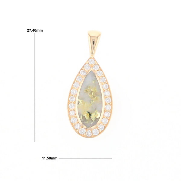 Gold Quartz Pendant Tear Drop Inlaid .42ctw Diamond Halo Design