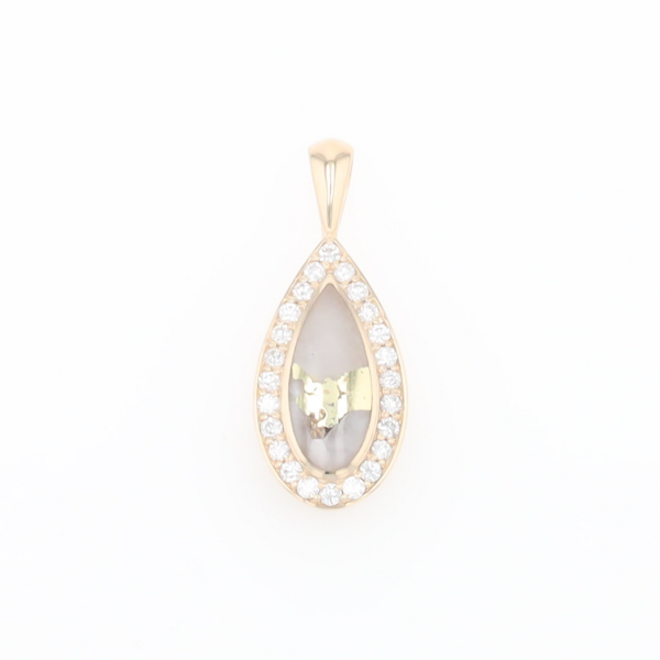Gold Quartz Pendant Tear Drop Inlaid .42ctw Diamond Halo Design