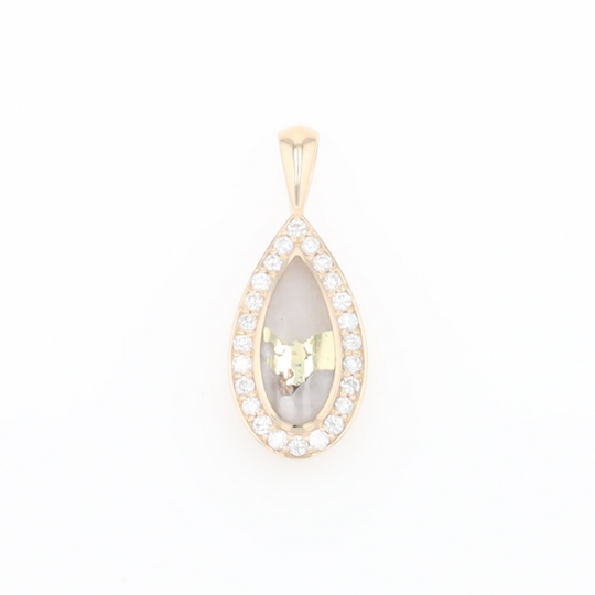 Gold Quartz Pendant Tear Drop Inlaid .42ctw Diamond Halo Design