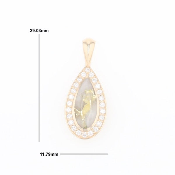 Gold Quartz Pendant Tear Drop Inlaid .42ctw Diamond Halo Design