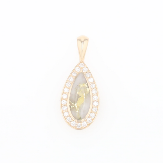 Gold Quartz Pendant Tear Drop Inlaid .42ctw Diamond Halo Design