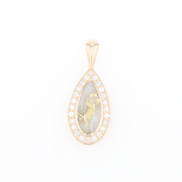 Gold Quartz Pendant Tear Drop Inlaid .42ctw Diamond Halo Design