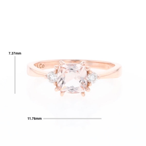 Morganite 1ct Cushion Cut  and Diamond Three Stone Engagement Ring