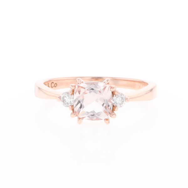 Morganite 1ct Cushion Cut  and Diamond Three Stone Engagement Ring