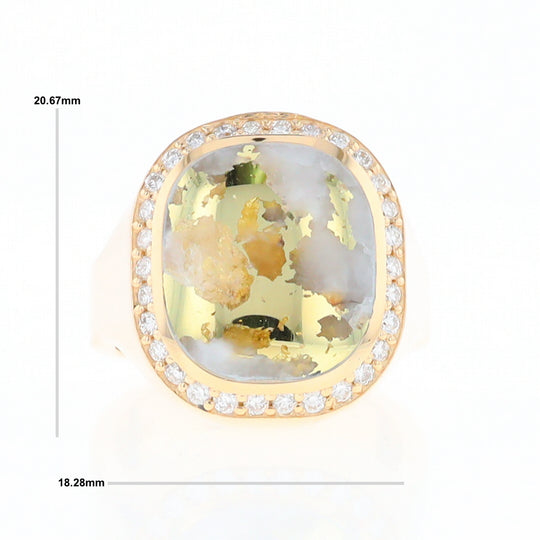 Gold Quartz Cushion Inlaid Men's Ring with Diamond Halo