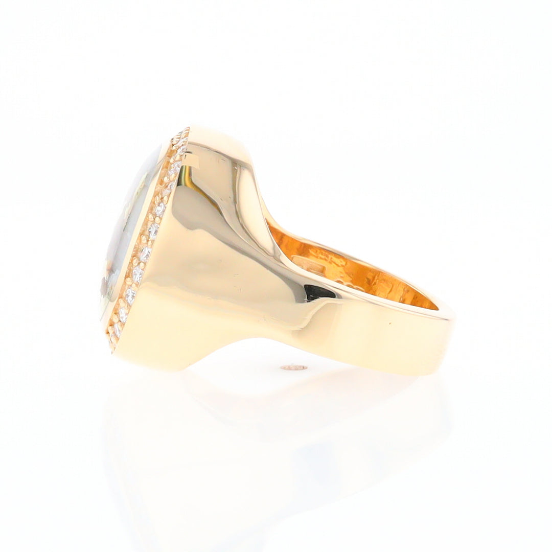 Gold Quartz Cushion Inlaid Men's Ring with Diamond Halo