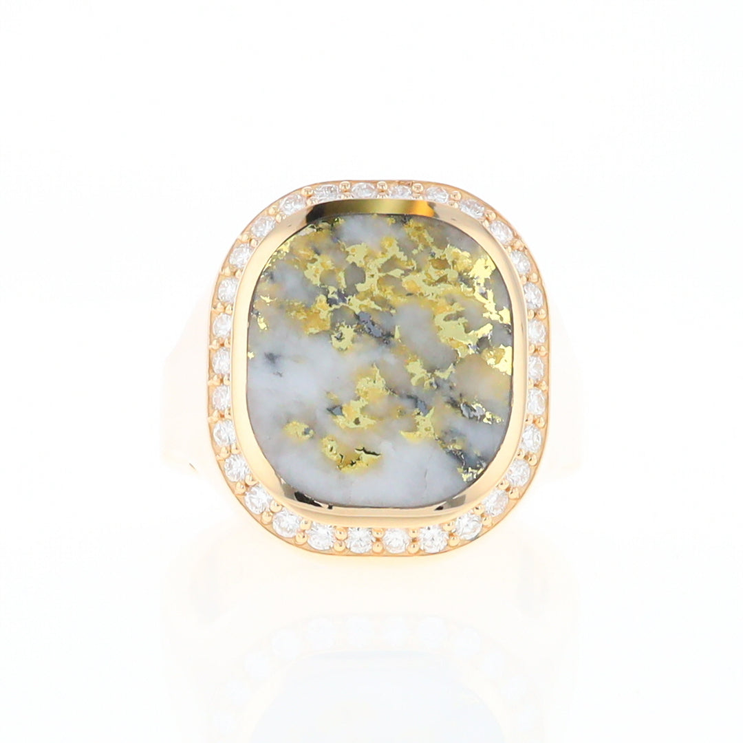 Gold Quartz Cushion Inlaid Men's Ring with Diamond Halo