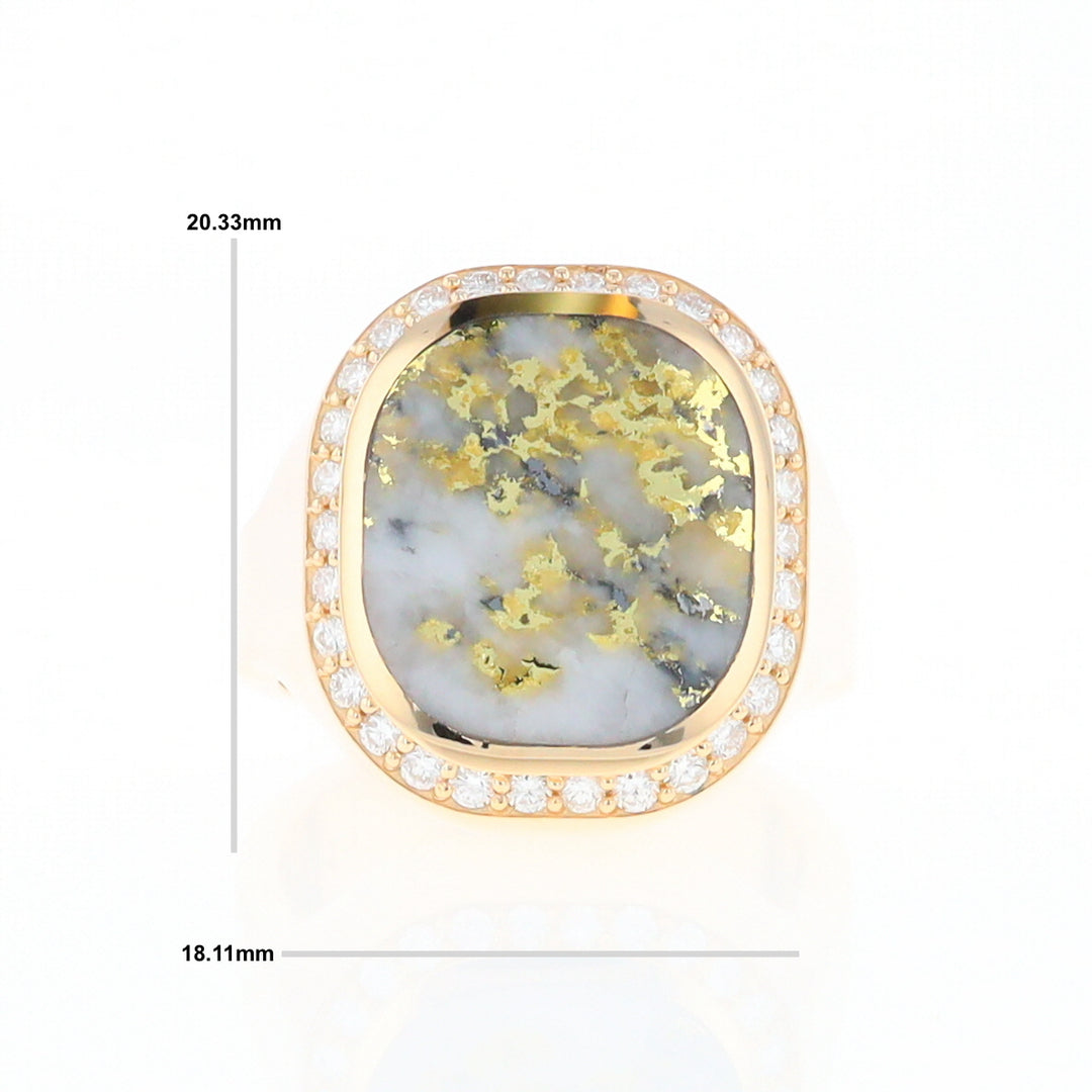 Gold Quartz Cushion Inlaid Men's Ring with Diamond Halo