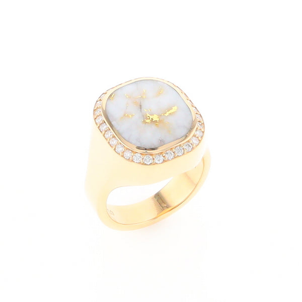 Gold Quartz Cushion Inlaid Men's Ring with Diamond Halo