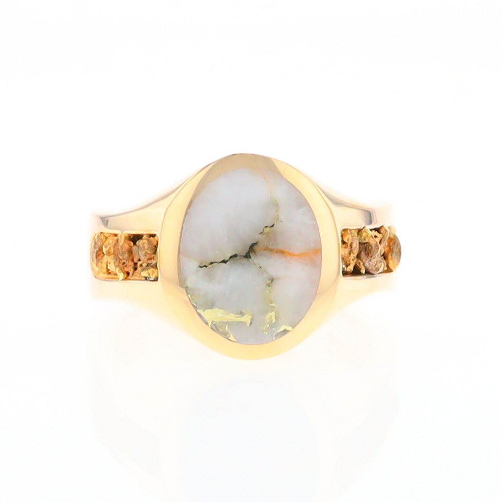 Oval Gold Quartz Inlaid Ring with Natural Gold Nuggets G2 Quality