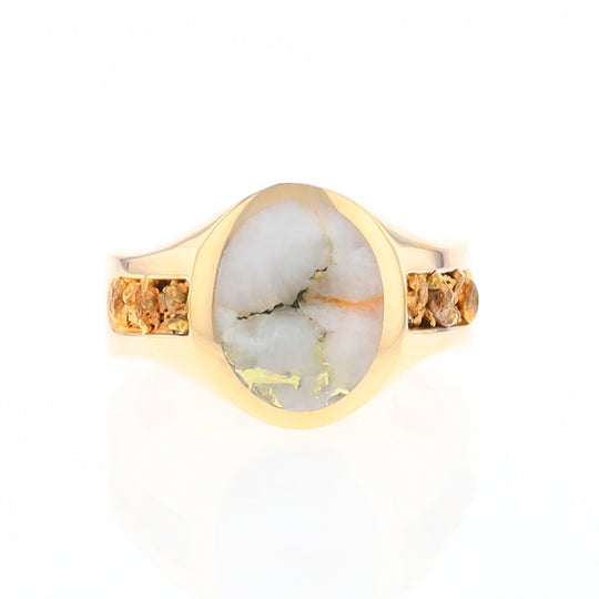 Oval Gold Quartz Inlaid Ring with Natural Gold Nuggets G2 Quality