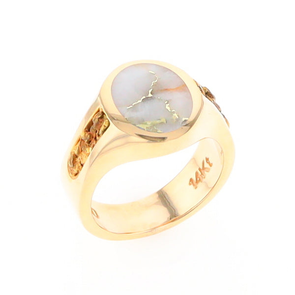 Oval Gold Quartz Inlaid Ring with Natural Gold Nuggets G2 Quality