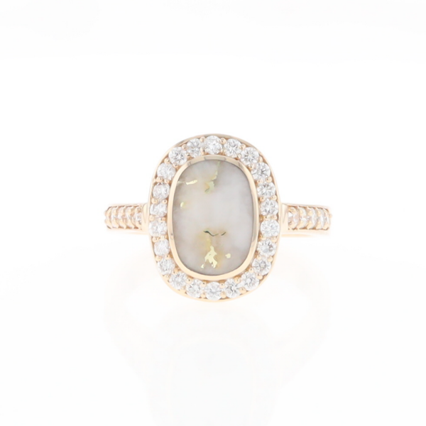Rectangular Gold Quartz Inlaid Ring with 0.65ctw Diamond Halo