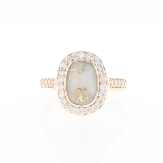 Rectangular Gold Quartz Inlaid Ring with 0.65ctw Diamond Halo
