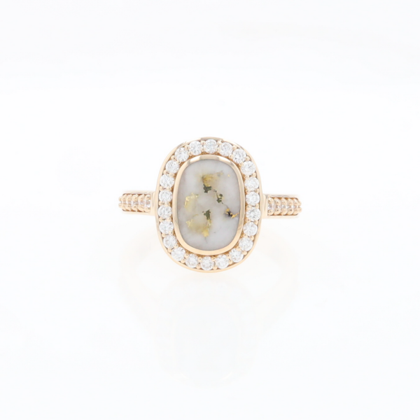 Rectangular Gold Quartz Inlaid Ring with 0.65ctw Diamond Halo