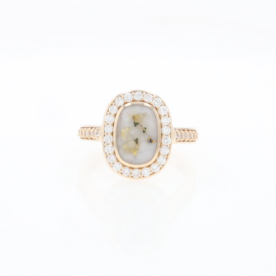 Rectangular Gold Quartz Inlaid Ring with 0.65ctw Diamond Halo
