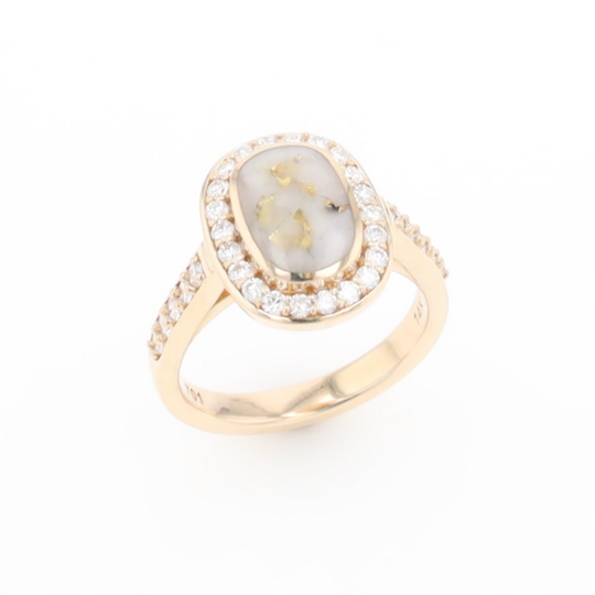 Rectangular Gold Quartz Inlaid Ring with 0.65ctw Diamond Halo