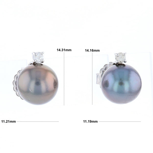 Cultured Gray Pearl Stud White Gold Earrings with Diamond Accent