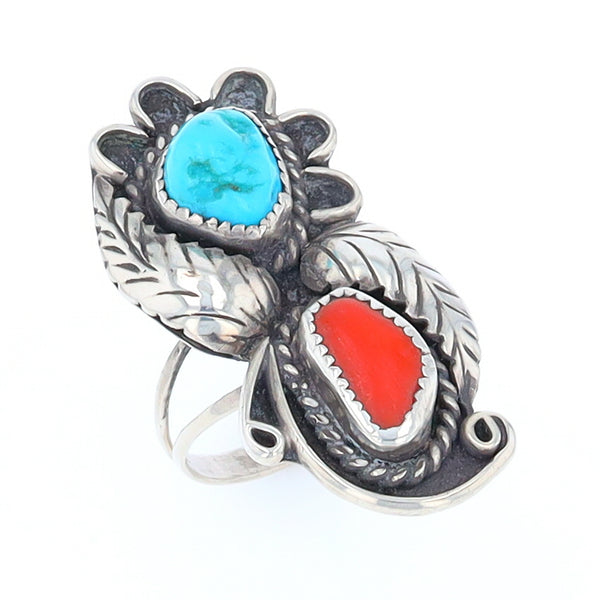 Freeform Turquoise and Coral Sterling Silver Double Leaf Ring