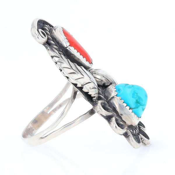 Freeform Turquoise and Coral Sterling Silver Double Leaf Ring